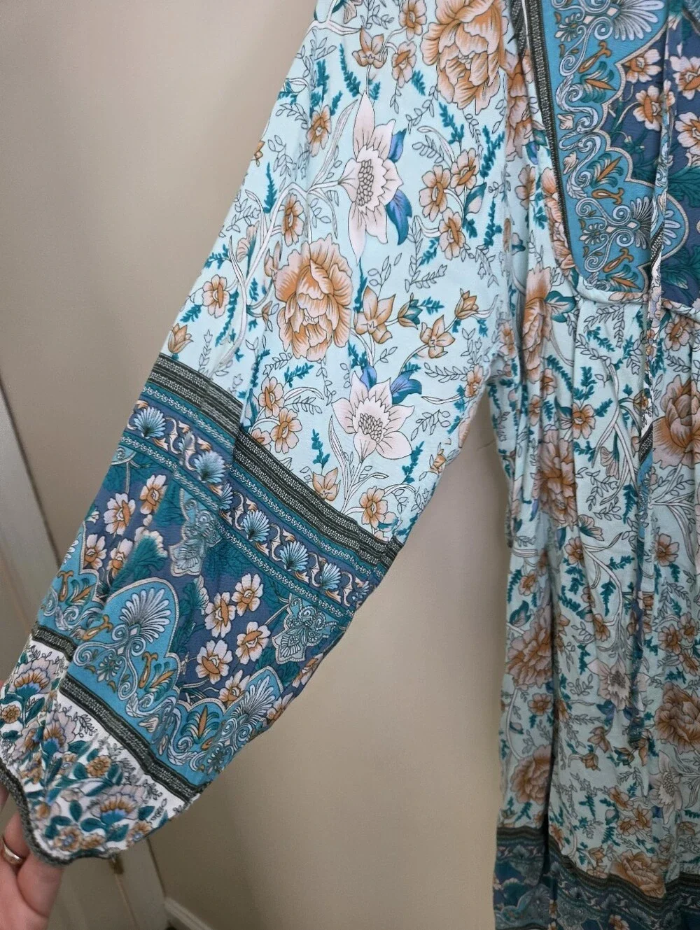Women's Teal Floral Print 3/4 Sleeve Boho Dress Sz Small